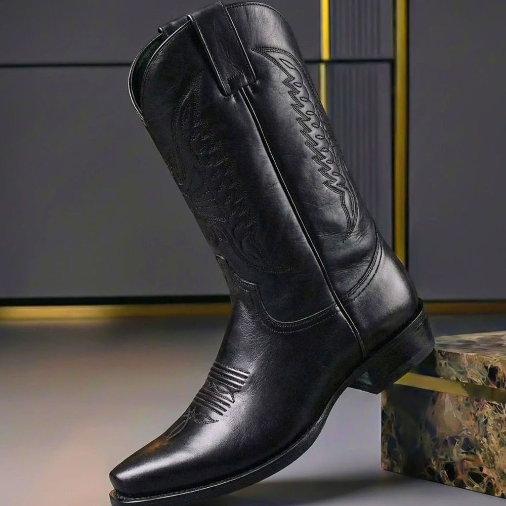Women's Polished Leather Embroidered Western Cowboy Boots - Obsidian Black