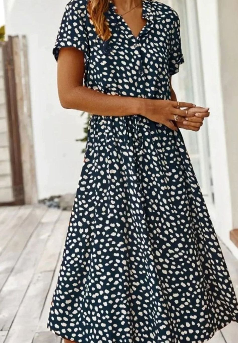 Women's Polka Dot Midi Dress Drawstring Waist Short Sleeve