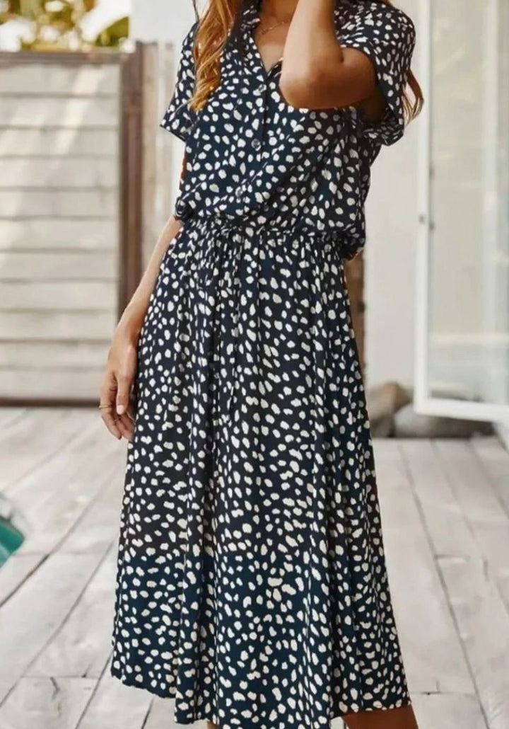 Women's Polka Dot Midi Dress Drawstring Waist Short Sleeve