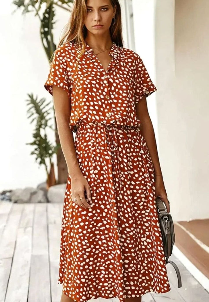 Women's Polka Dot Midi Dress Drawstring Waist Short Sleeve