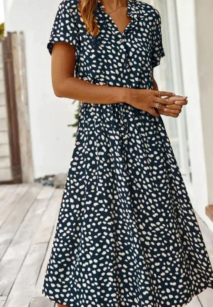 Women's Polka Dot Midi Dress Drawstring Waist Short Sleeve, Ivory