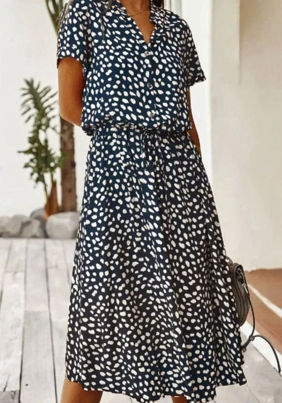 Women's Polka Dot Midi Dress Drawstring Waist Short Sleeve, Ivory
