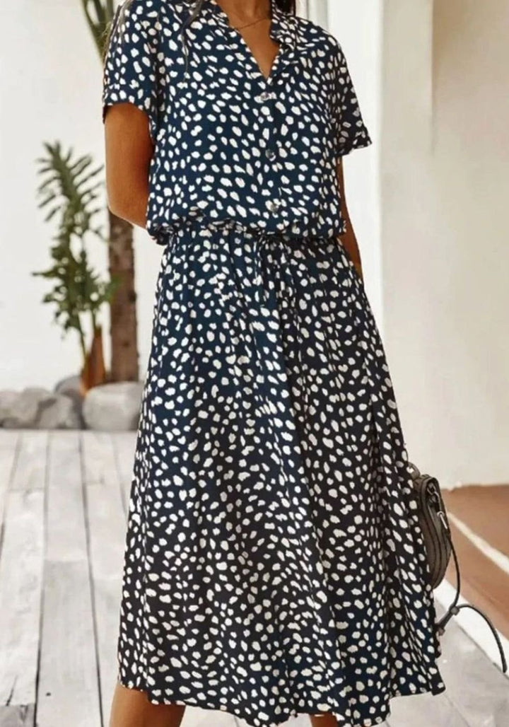Women's Polka Dot Midi Dress Drawstring Waist Short Sleeve, Ivory