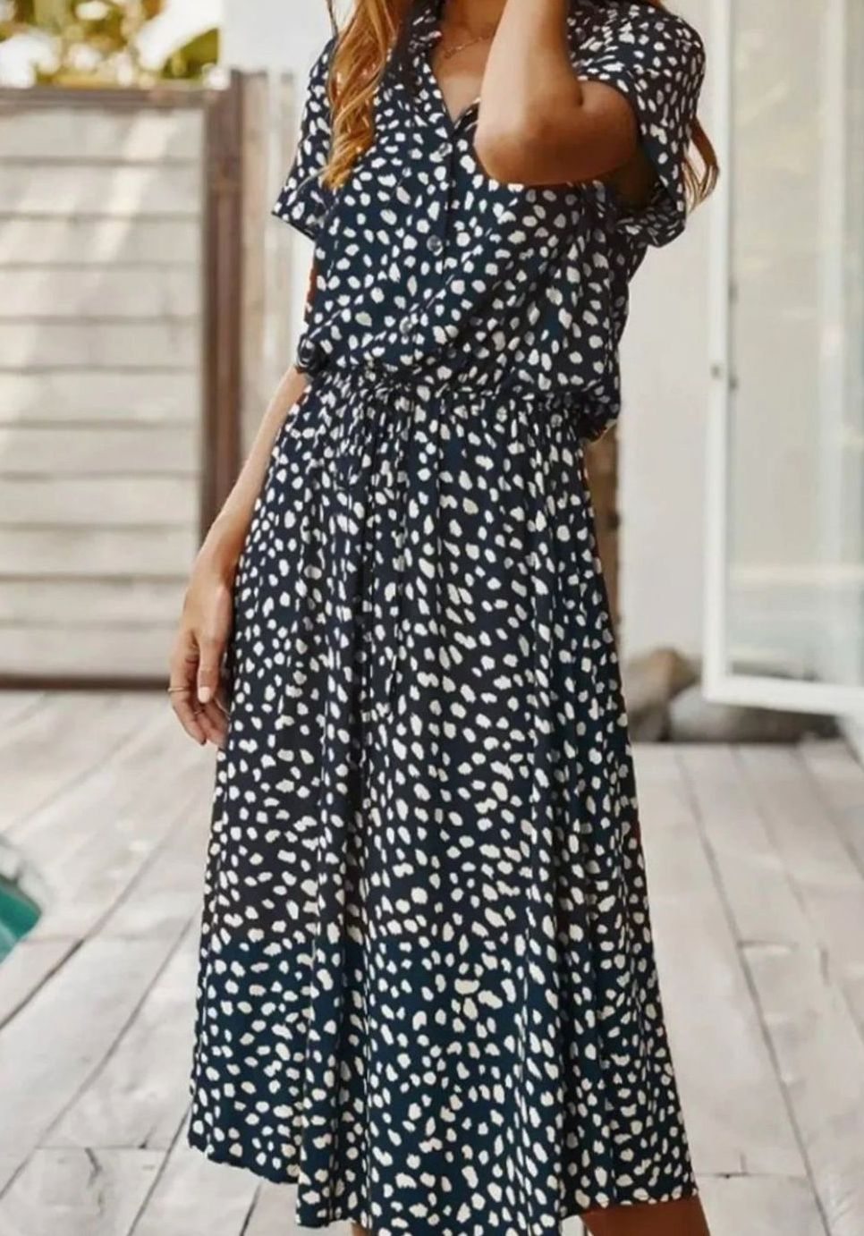 Women's Polka Dot Midi Dress Drawstring Waist Short Sleeve, Ivory