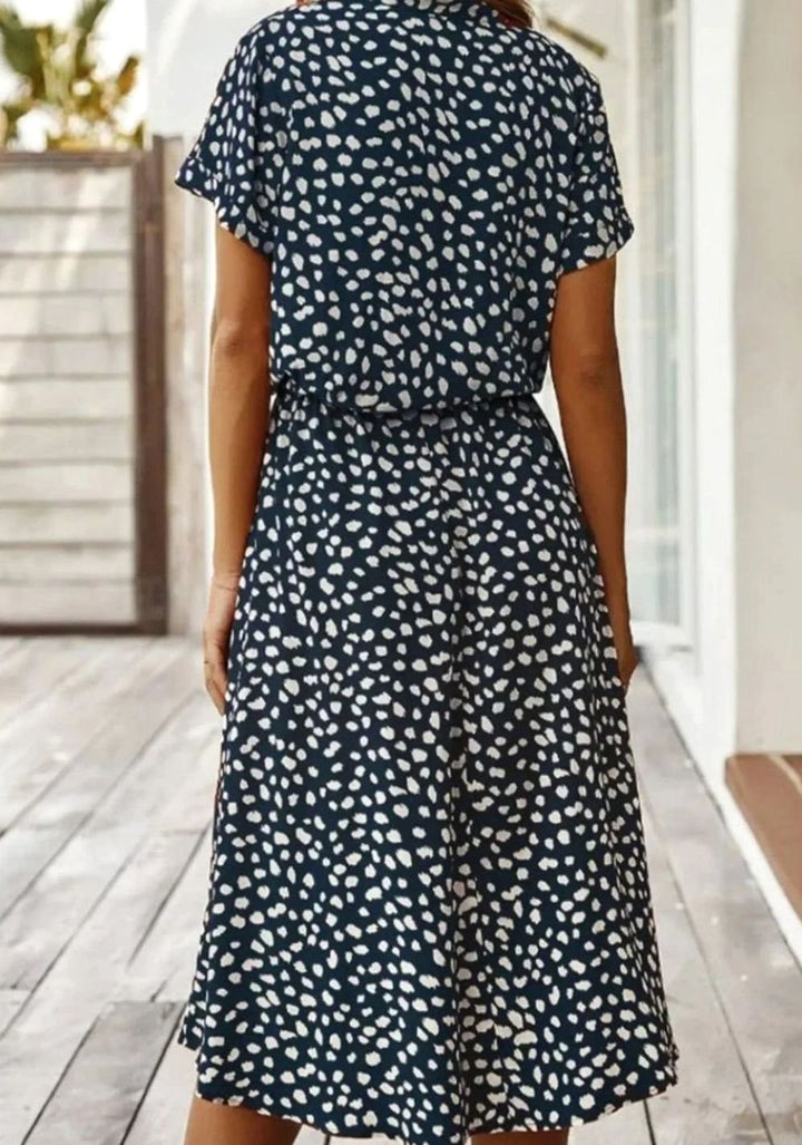 Women's Polka Dot Midi Dress Drawstring Waist Short Sleeve, Ivory