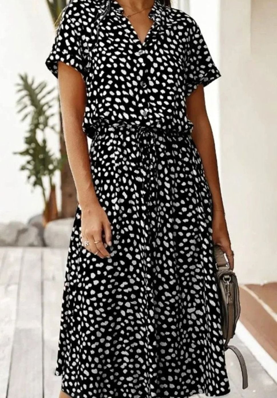 Women's Polka Dot Midi Dress Drawstring Waist Short Sleeve, Ivory