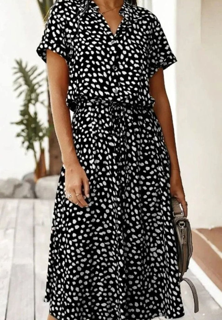 Women's Polka Dot Midi Dress Drawstring Waist Short Sleeve, Ivory