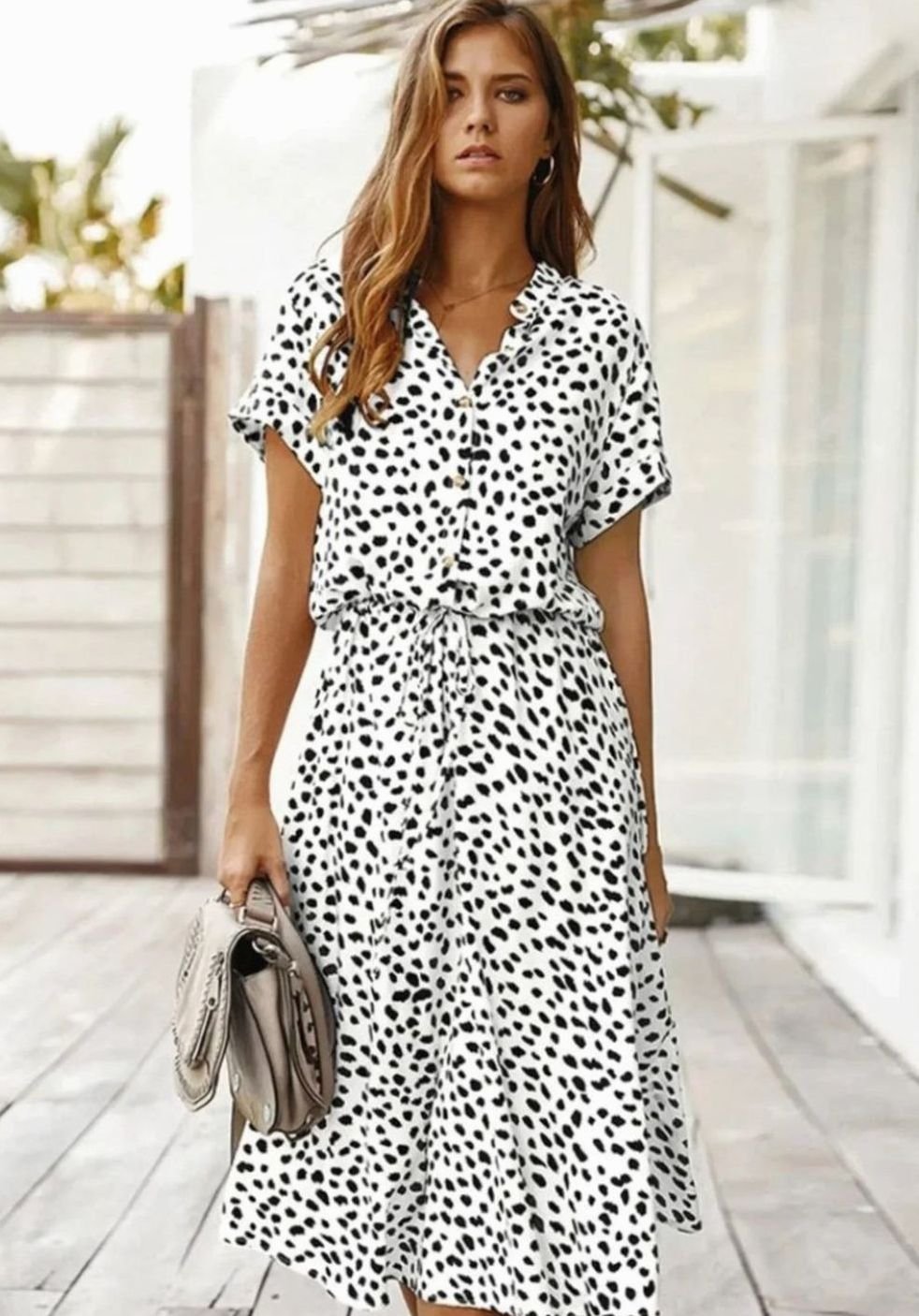 Women's Polka Dot Midi Dress Drawstring Waist Short Sleeve, Ivory