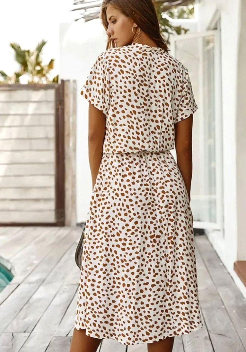 Women's Polka Dot Midi Dress Drawstring Waist Short Sleeve, Ivory