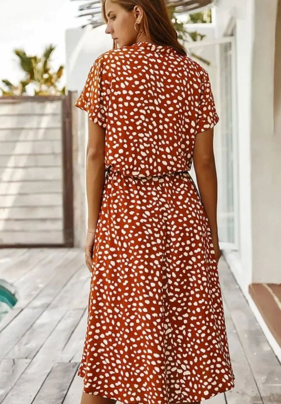 Women's Polka Dot Midi Dress Drawstring Waist Short Sleeve, Ivory