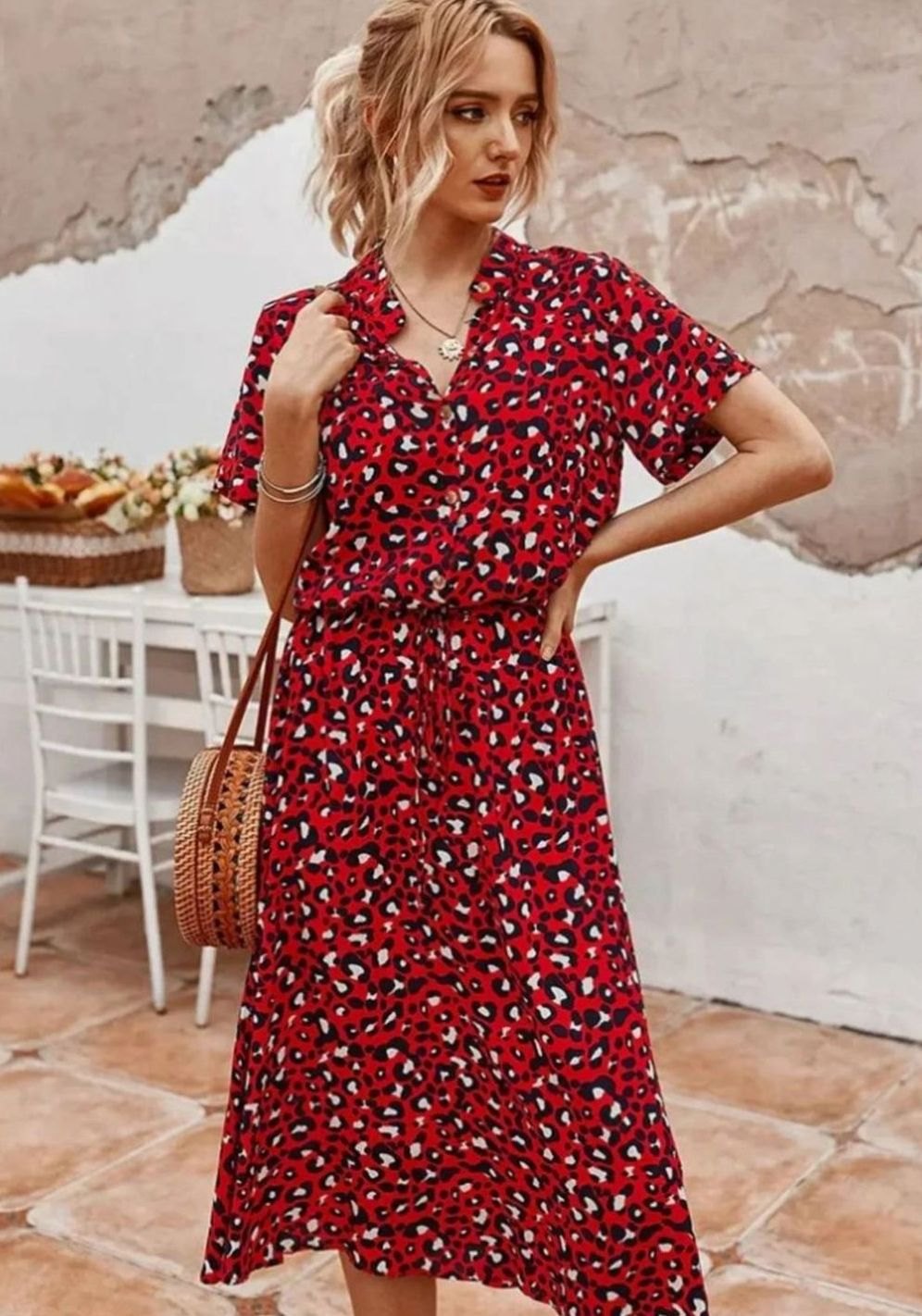 Women's Polka Dot Midi Dress Drawstring Waist Short Sleeve, Ivory