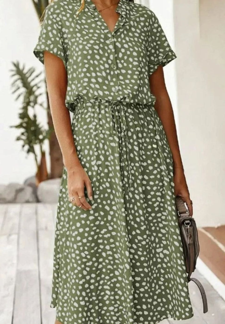 Women's Polka Dot Midi Dress Drawstring Waist Short Sleeve, Ivory