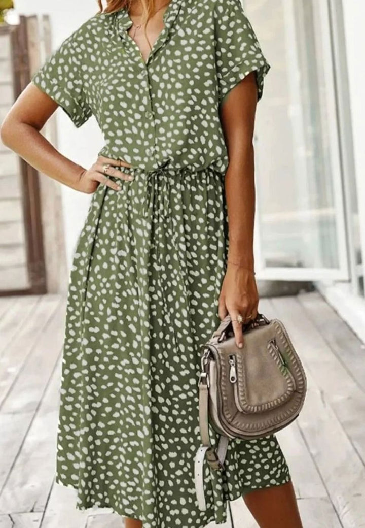 Women's Polka Dot Midi Dress Drawstring Waist Short Sleeve, Ivory
