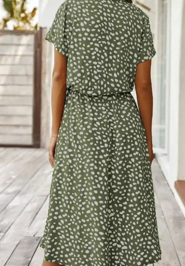 Women's Polka Dot Midi Dress Drawstring Waist Short Sleeve, Ivory