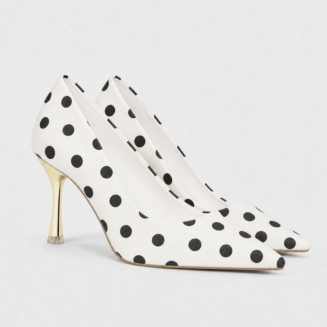 Women's Polka Dot Pointed Stiletto Heeled Slip-On Court Shoes