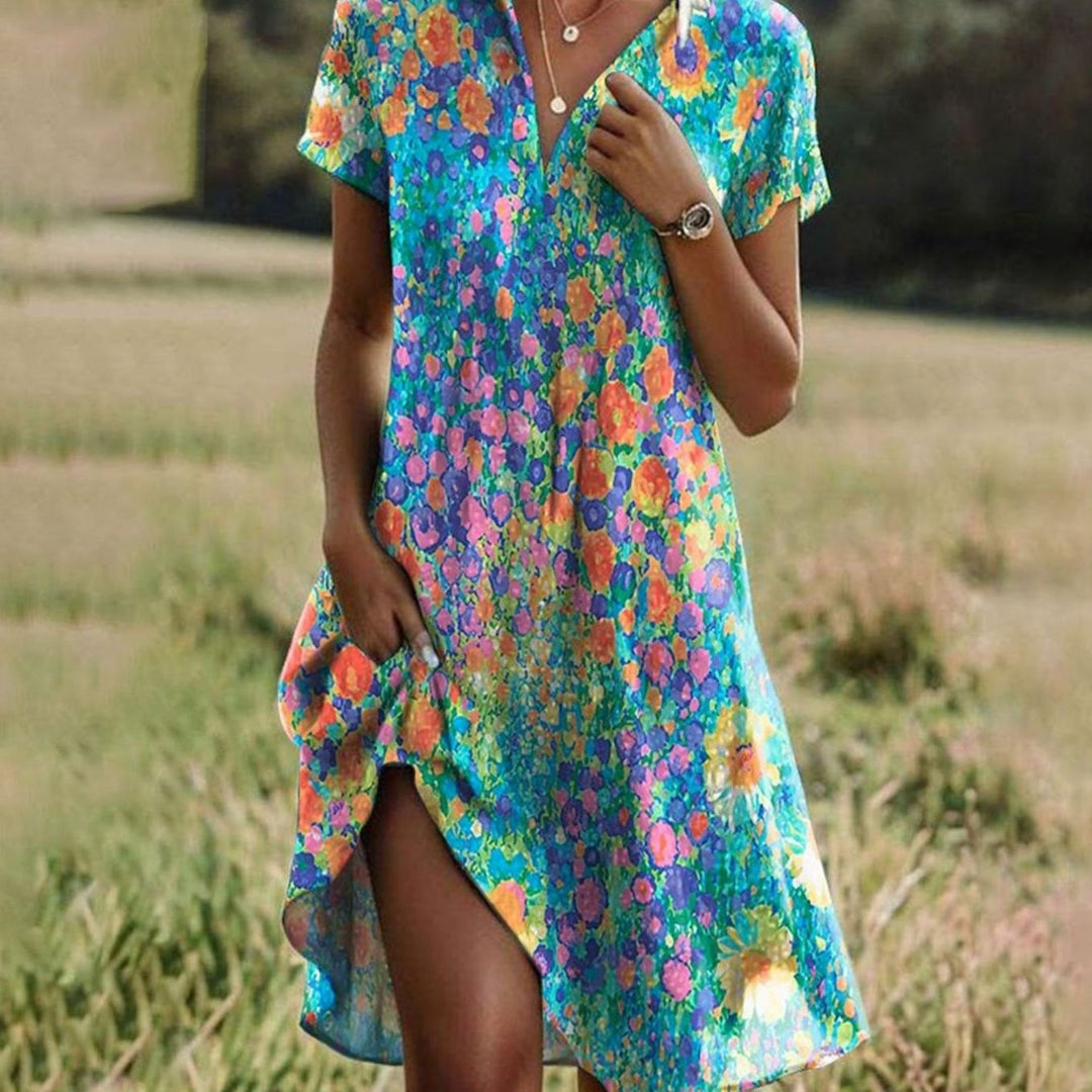 Women's Polka Dot V-Neck A-Line Short Sleeve Summer Dress - Multicolour