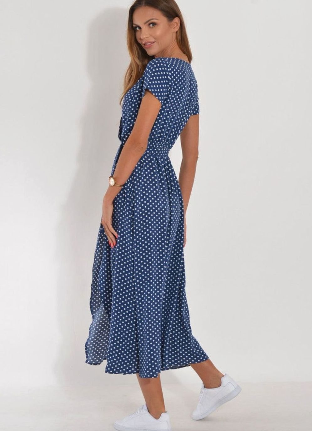 Women's Polka Dot Wrap Midi Dress V-Neck Tie Waist Side Split