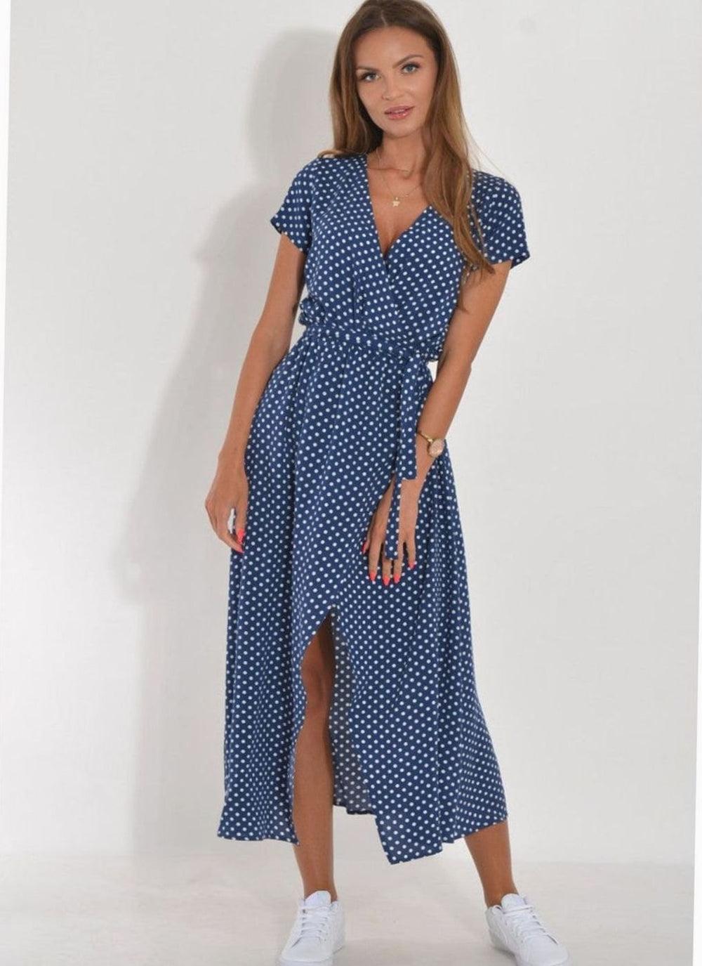 Women's Polka Dot Wrap Midi Dress V-Neck Tie Waist Side Split