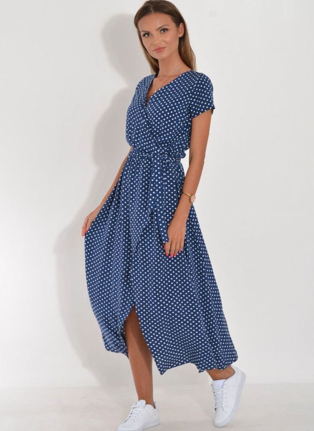 Women's Polka Dot Wrap Midi Dress V-Neck Tie Waist Side Split - Blue