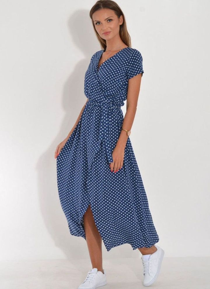 Women's Polka Dot Wrap Midi Dress V-Neck Tie Waist Side Split - Blue