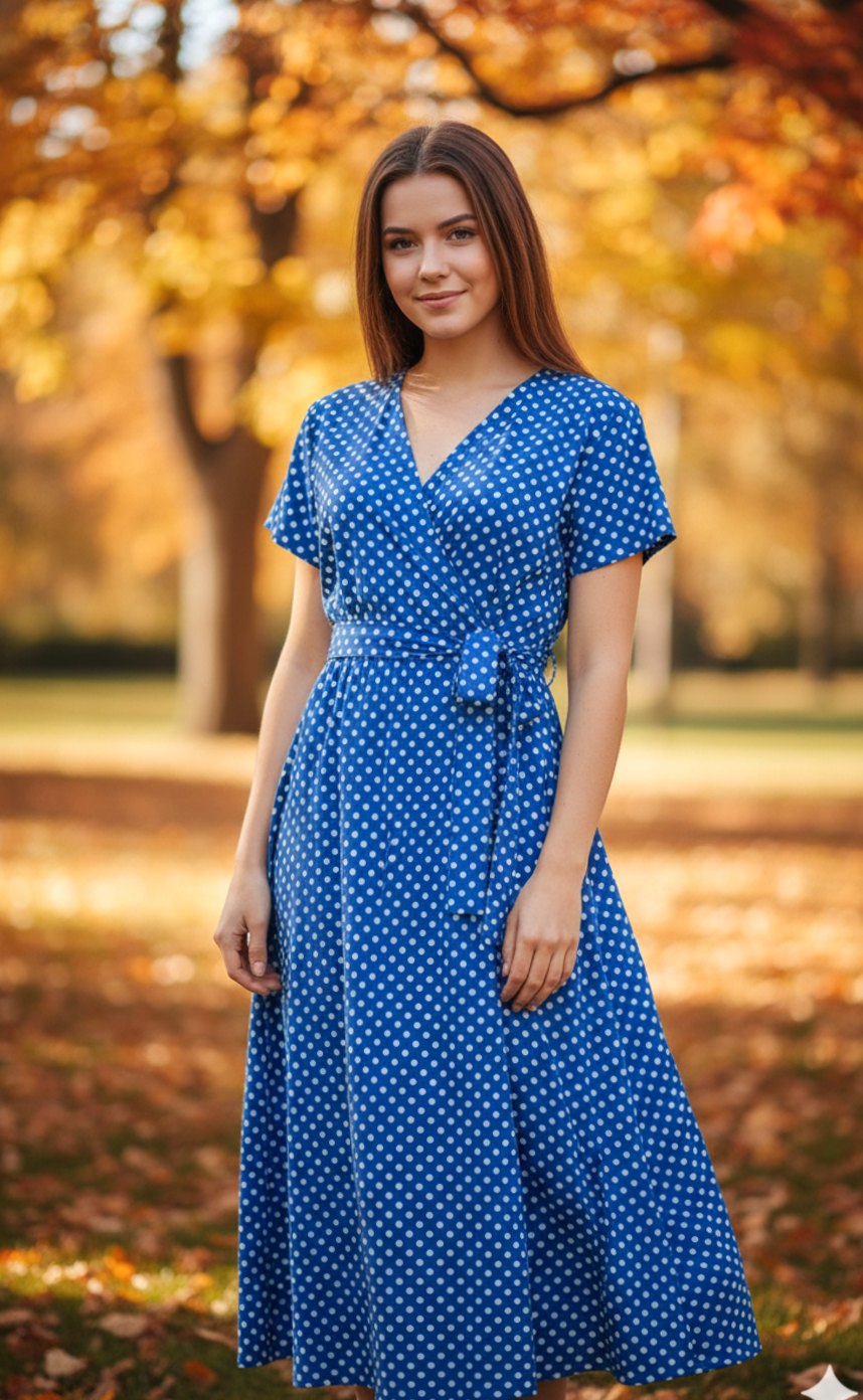 Women's Polka Dot Wrap Midi Dress V-Neck Tie Waist Side Split