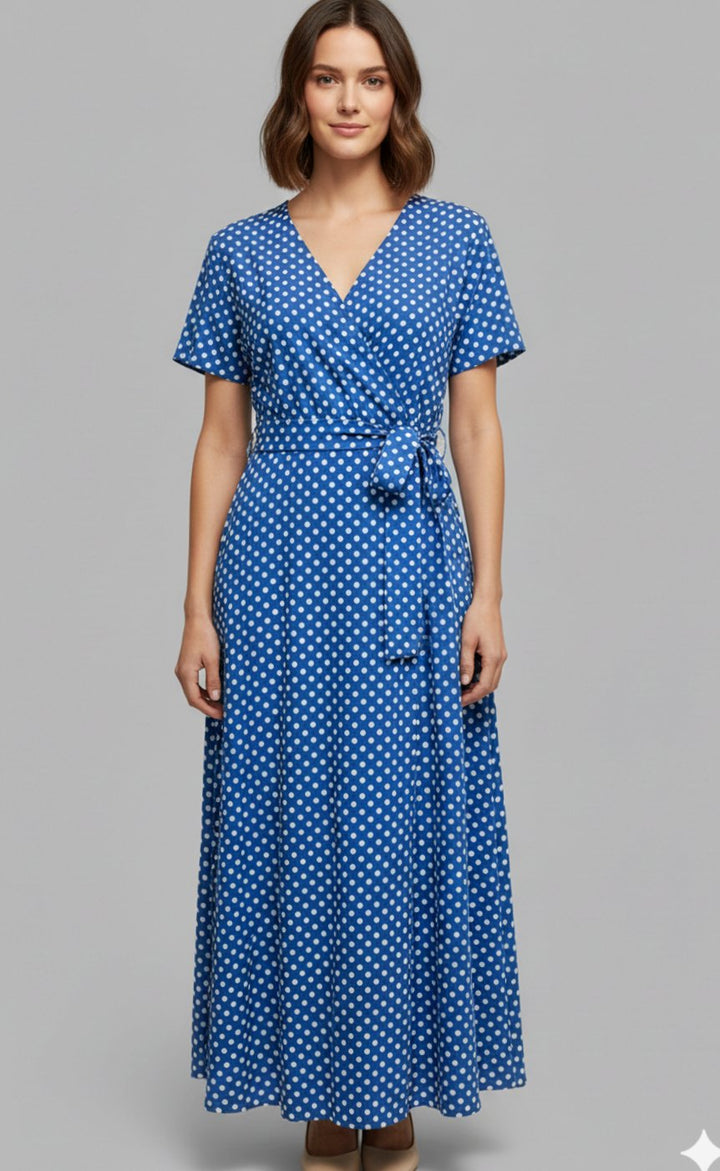Women's Polka Dot Wrap Midi Dress V-Neck Tie Waist Side Split - Blue Style 1