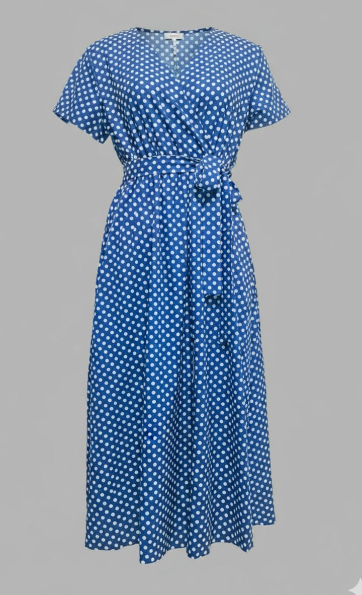 Women's Polka Dot Wrap Midi Dress V-Neck Tie Waist Side Split