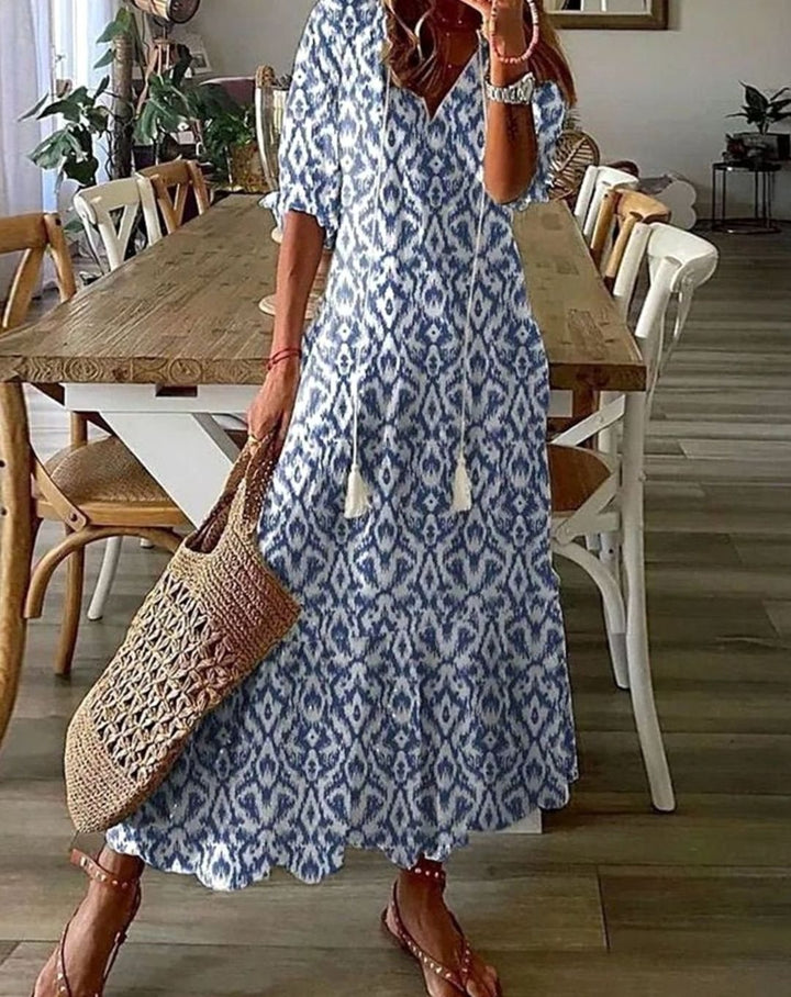 Women's Printed Boho Midi Dress V-Neck Tassel Loose Fit