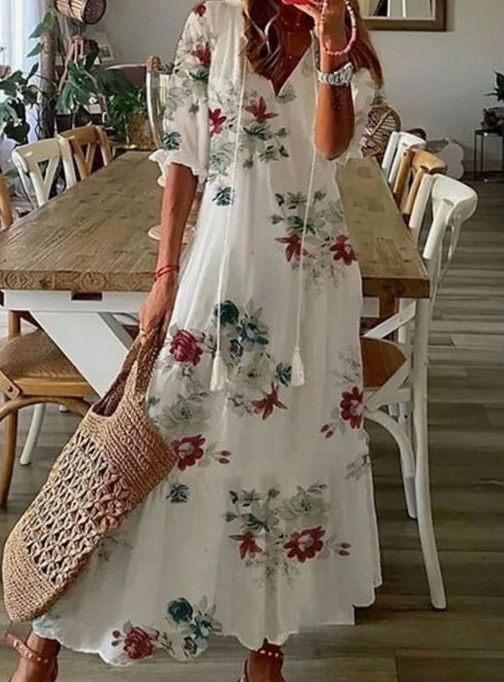 Women's Printed Boho Midi Dress V-Neck Tassel Loose Fit