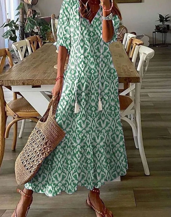 Women's Printed Boho V-Neck Tassel-Tie Relaxed Midi Dress