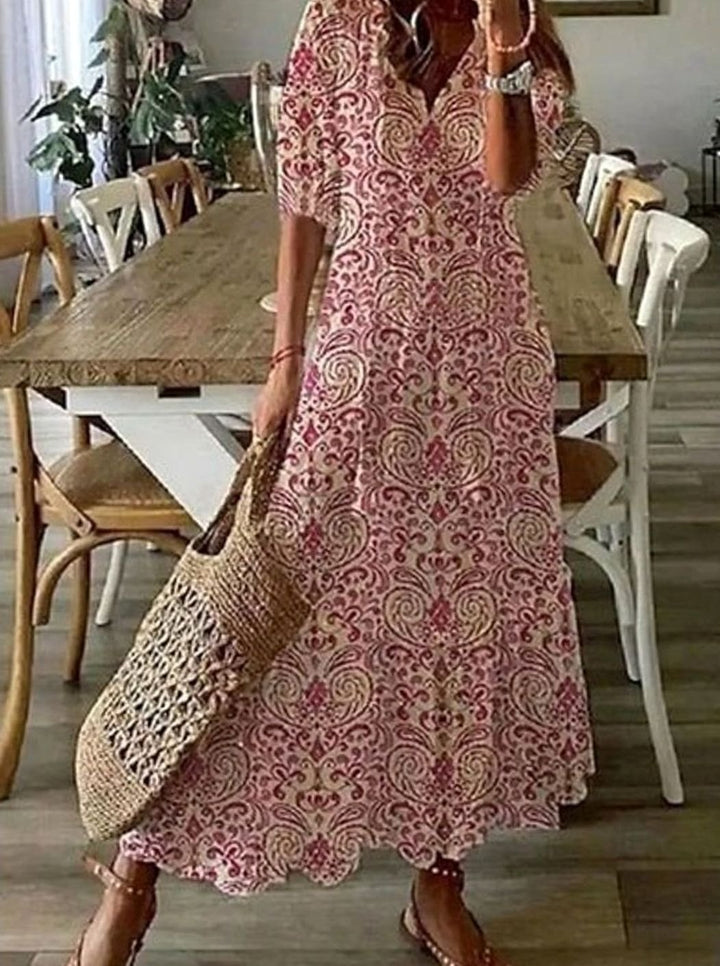 Women's Printed Boho V-Neck Tassel-Tie Relaxed Midi Dress