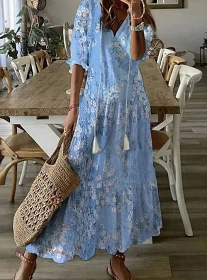 Women's Printed Boho V-Neck Tassel-Tie Relaxed Midi Dress
