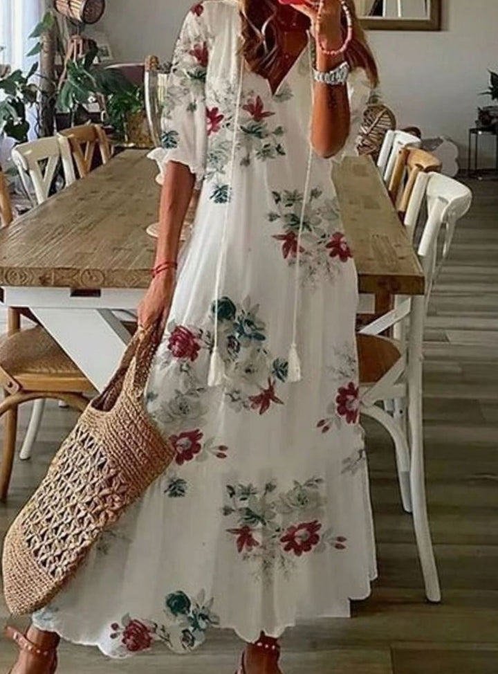 Women's Printed Boho V-Neck Tassel-Tie Relaxed Midi Dress
