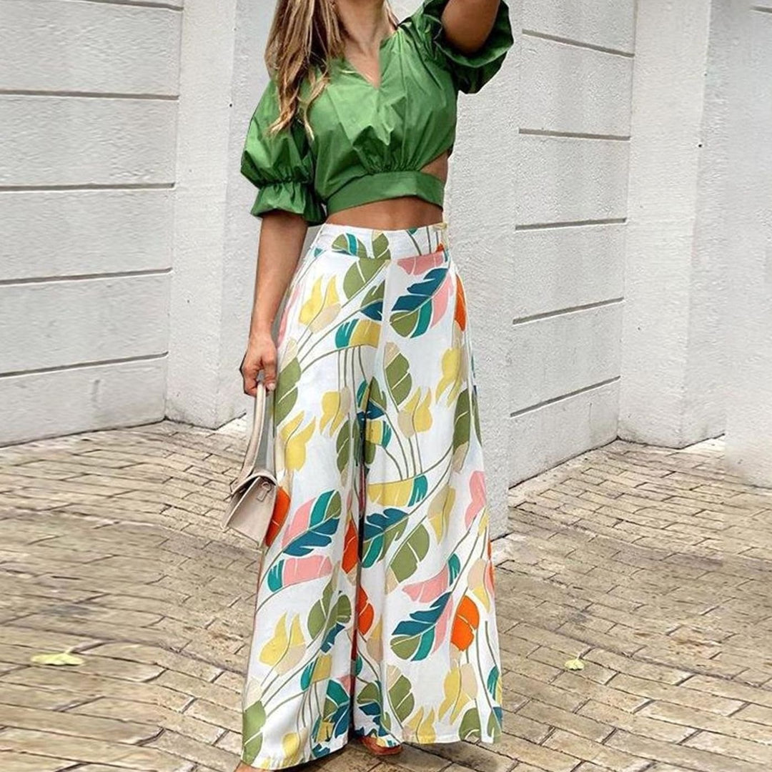 Women's Puff-Sleeve Crop Top Wide-Leg Tropical Print Trousers Set - Green