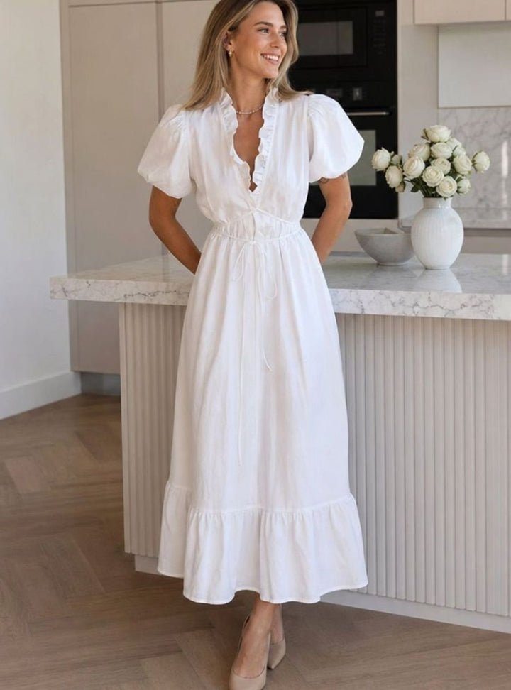 Women's Puff Sleeve Ruffled V-Neck Drawstring Midi Dress
