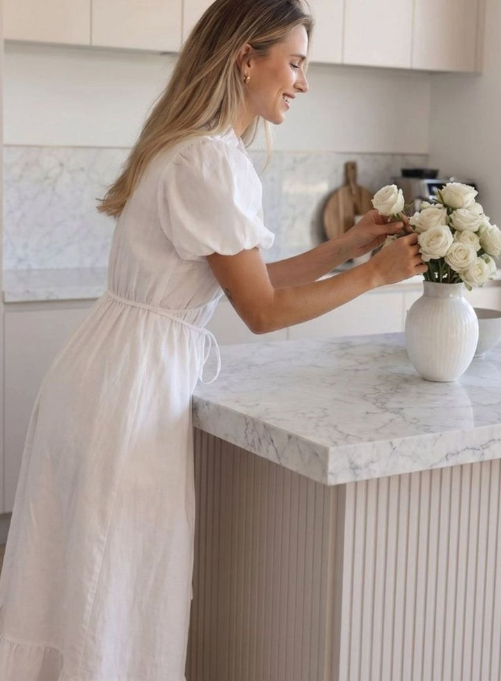 Women's Puff Sleeve Ruffled V-Neck Drawstring Midi Dress