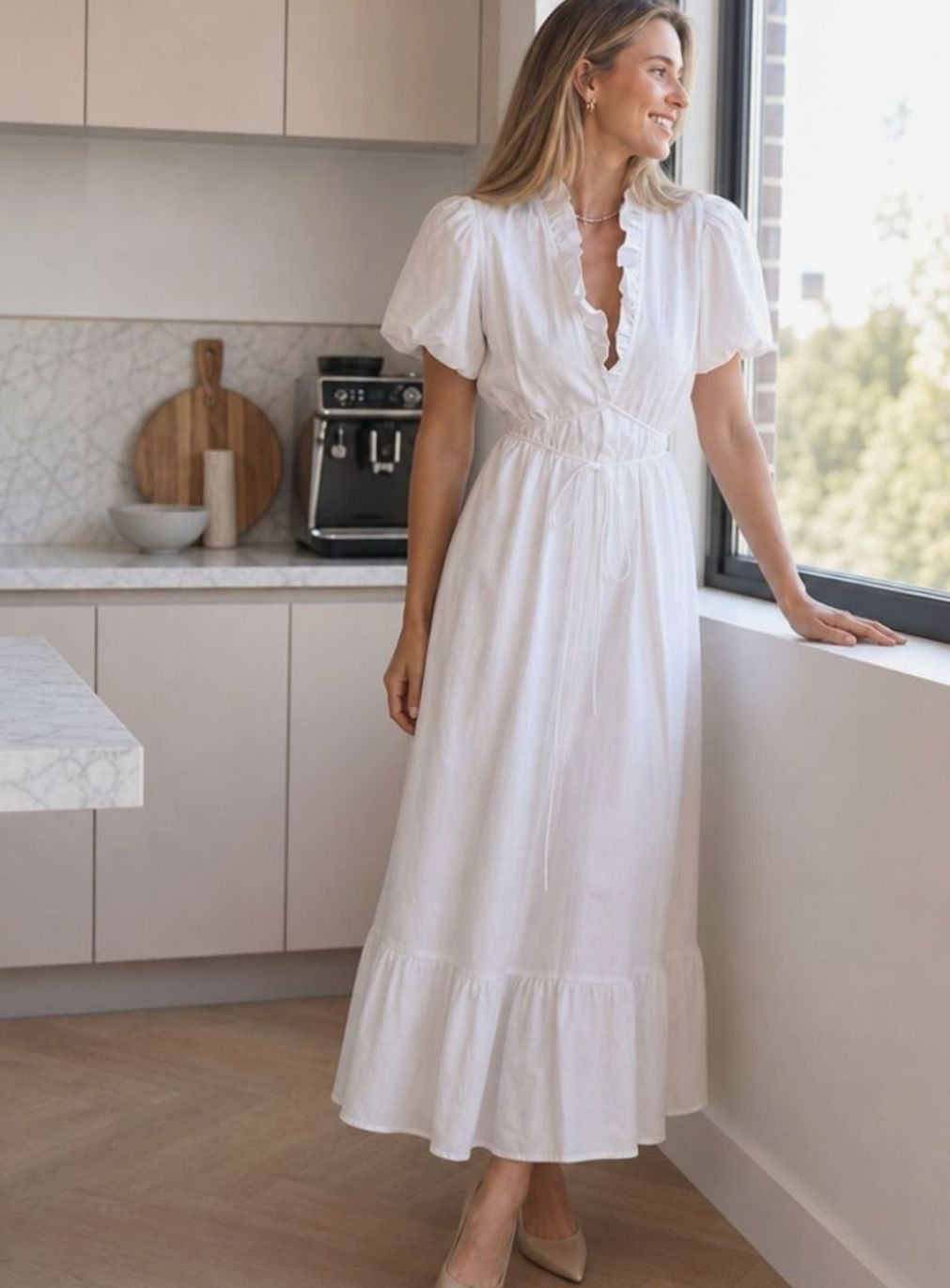 Women's Puff Sleeve Ruffled V-Neck Drawstring Midi Dress