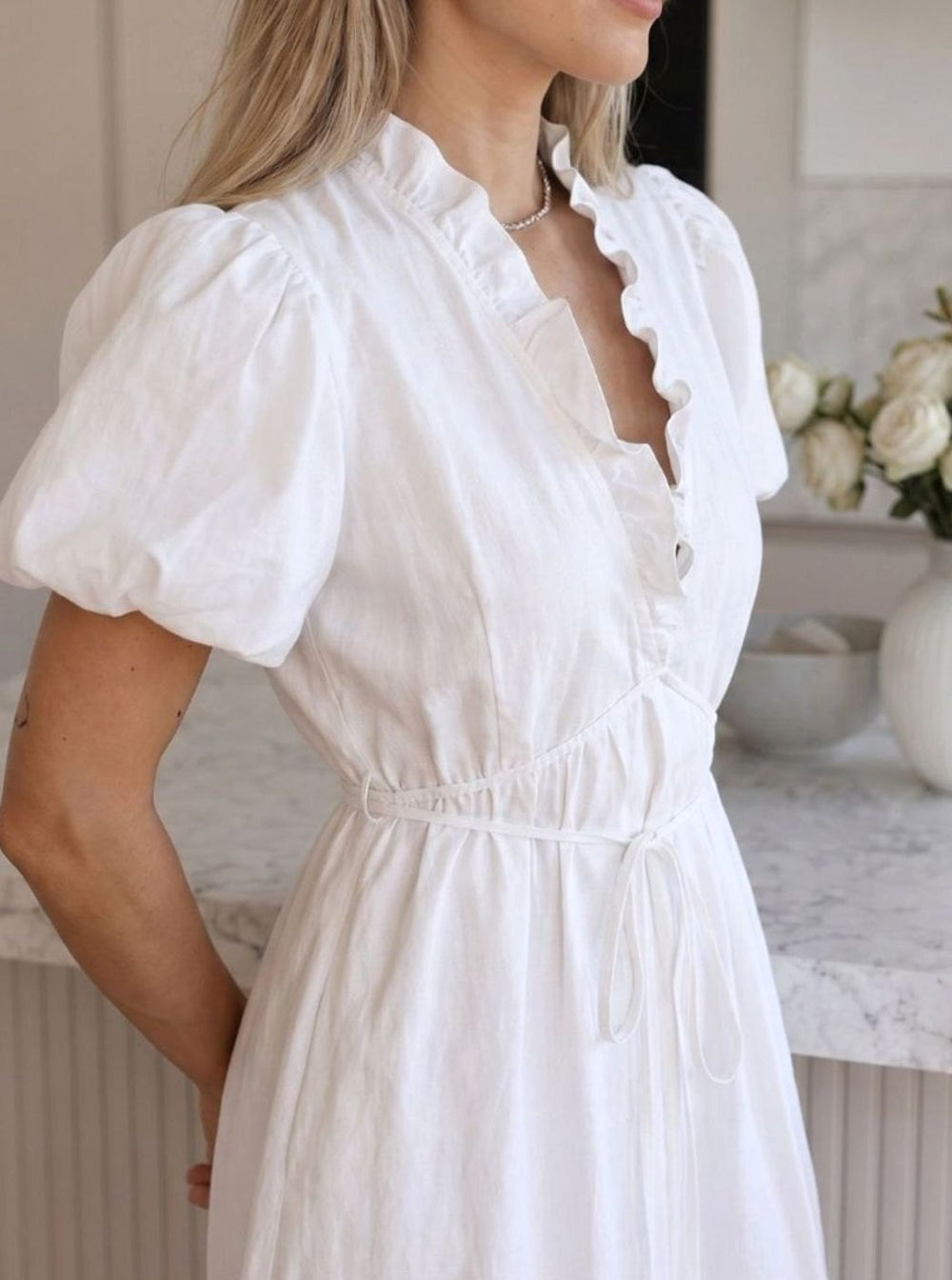 Women's Puff Sleeve Ruffled V-Neck Drawstring Midi Dress, White