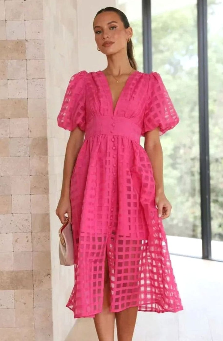 Women's Puff Sleeve V-Neck Openwork Grid Midi Dress