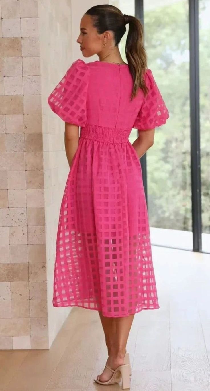 Women's Puff Sleeve V-Neck Openwork Grid Midi Dress