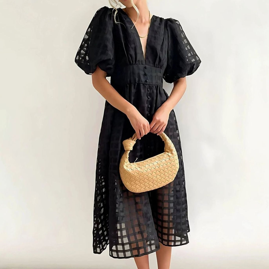 Women's Puff Sleeve V-Neck Openwork Grid Midi Dress