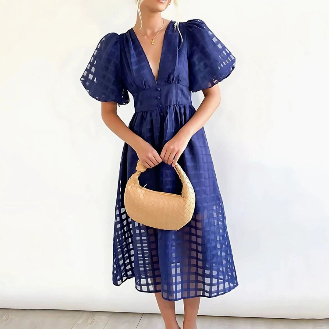 Women's Puff Sleeve V-Neck Openwork Grid Midi Dress