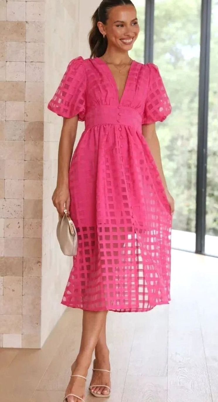 Women's Puff Sleeve V-Neck Openwork Grid Midi Dress, Hot Pink