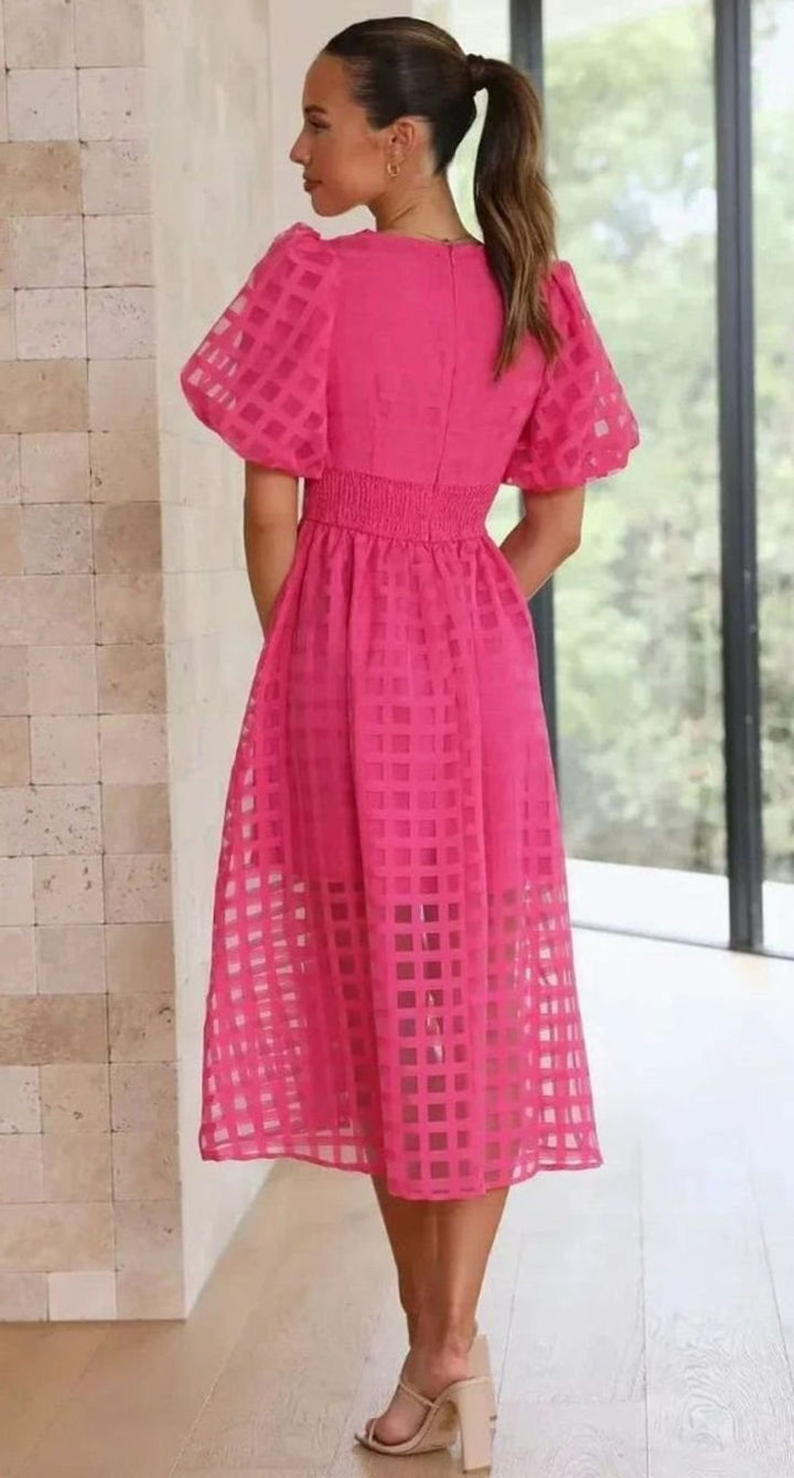 Women's Puff Sleeve V-Neck Openwork Grid Midi Dress, Hot Pink
