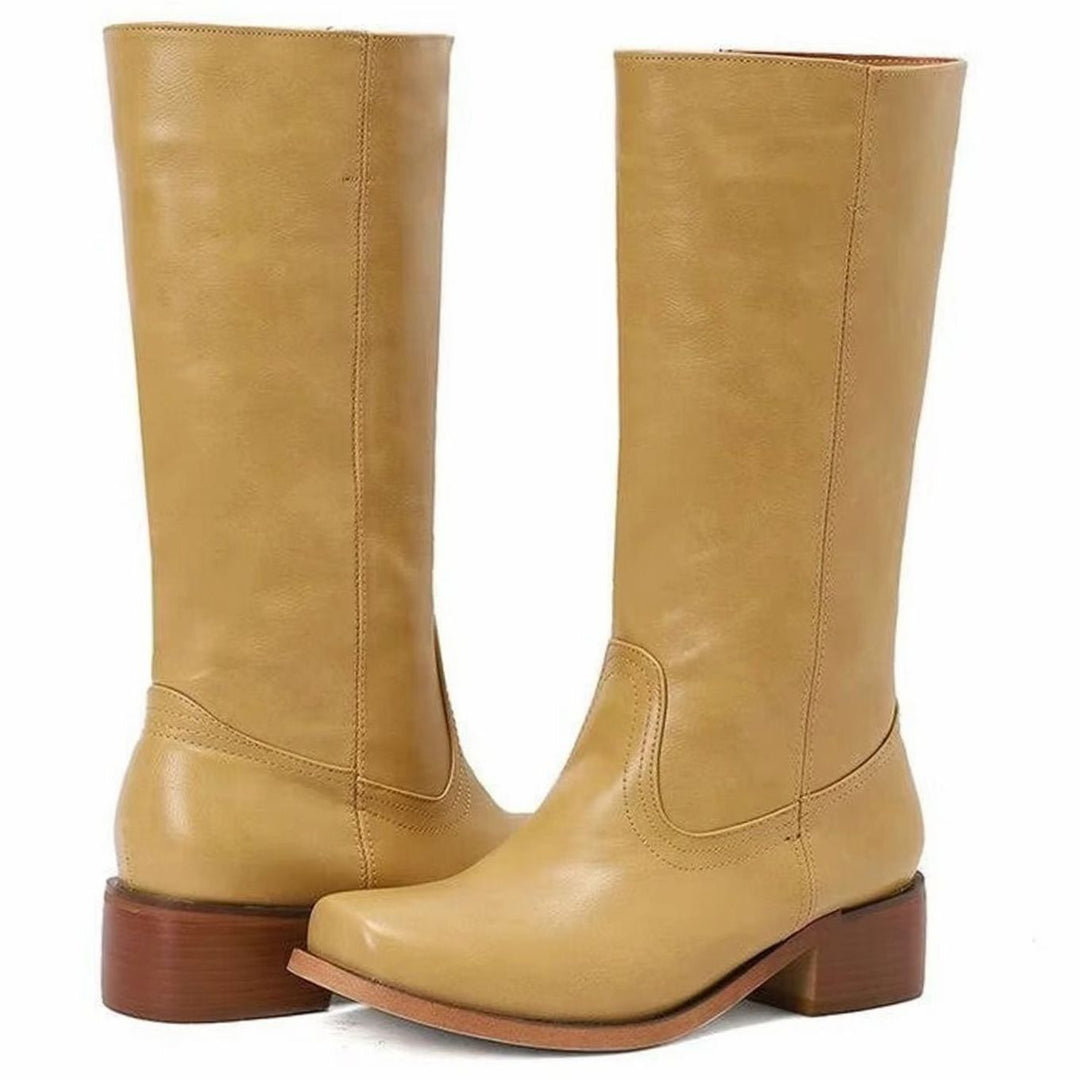 Women's Pull-On Block-Heel Knee-High Faux Leather Boots - Yellow