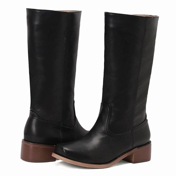 Women's Pull-On Block-Heel Knee-High Faux Leather Boots - Black