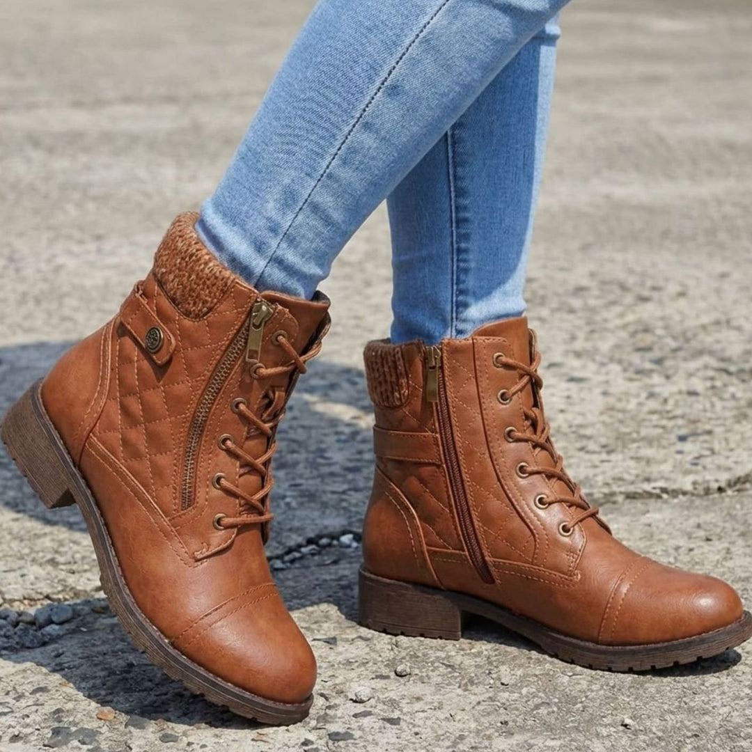 Women's Quilted Block Heel Ankle Boots Lace-Up Side Zip