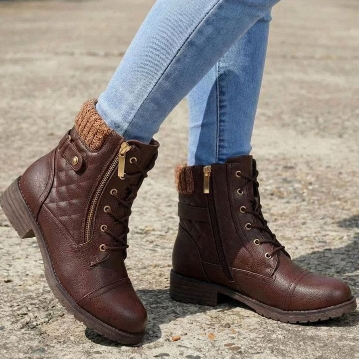 Women's Quilted Block Heel Ankle Boots Lace-Up Side Zip