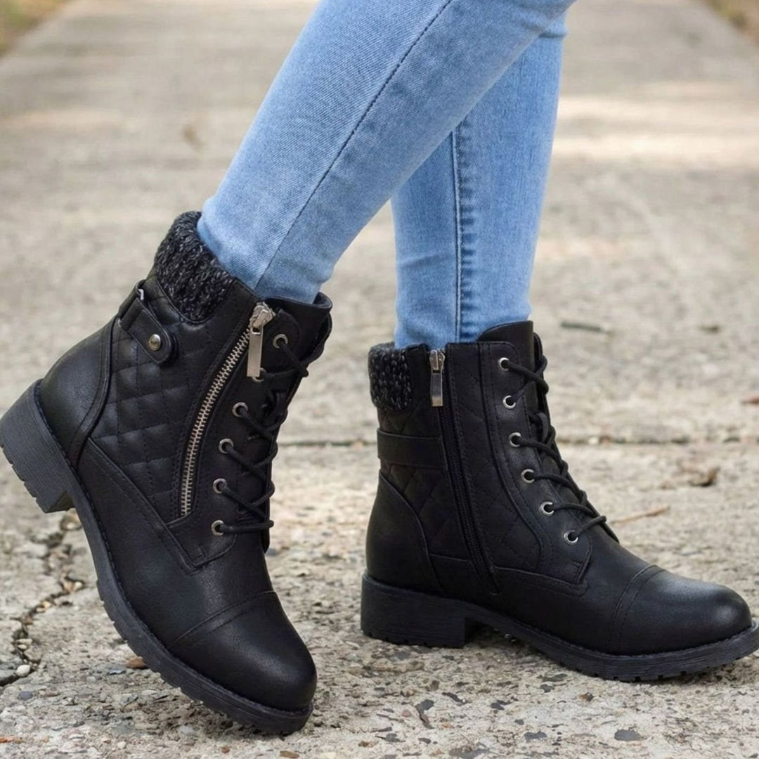 Women's Quilted Block Heel Ankle Boots Lace-Up Side Zip