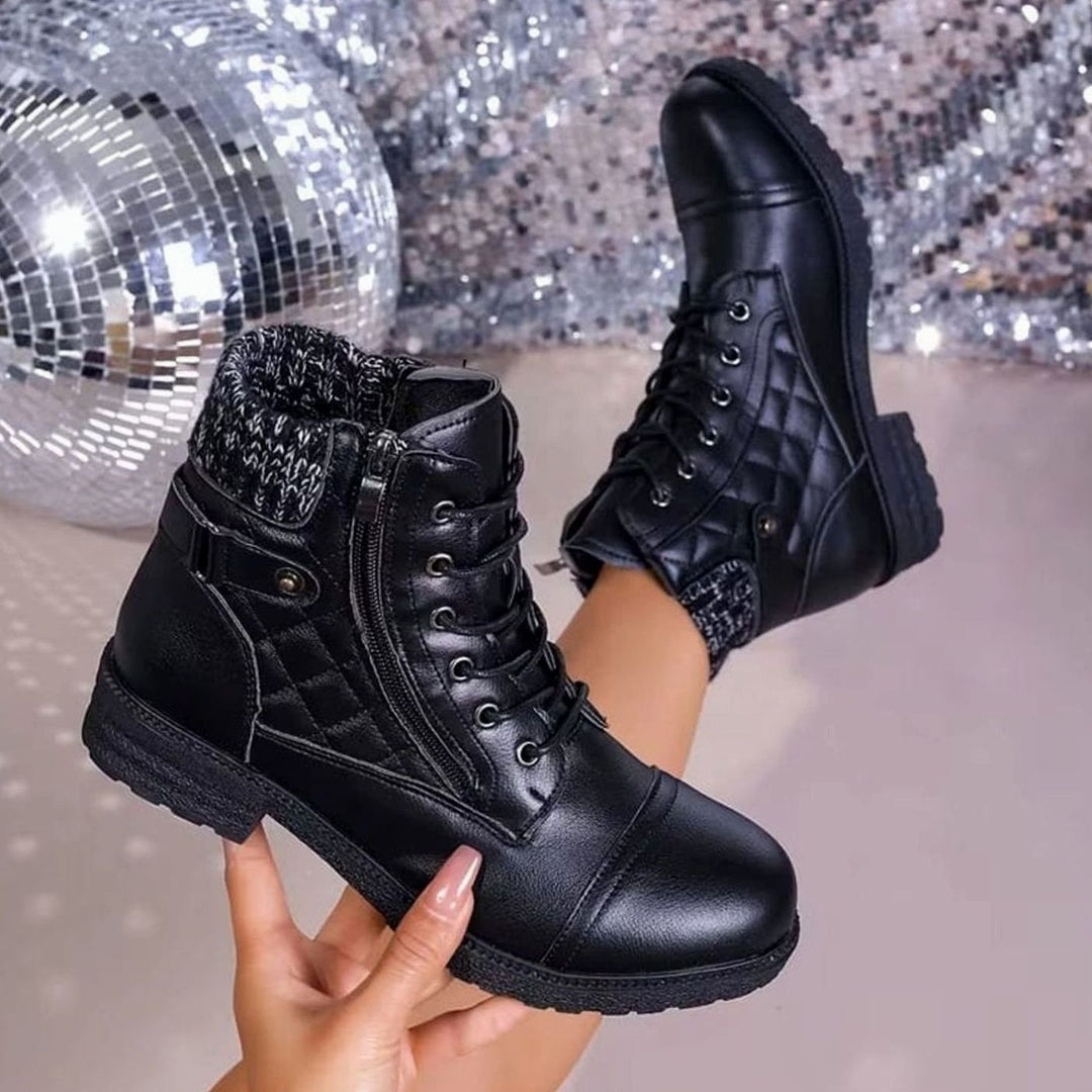 Women's Quilted Block Heel Ankle Boots Lace-Up Side Zip